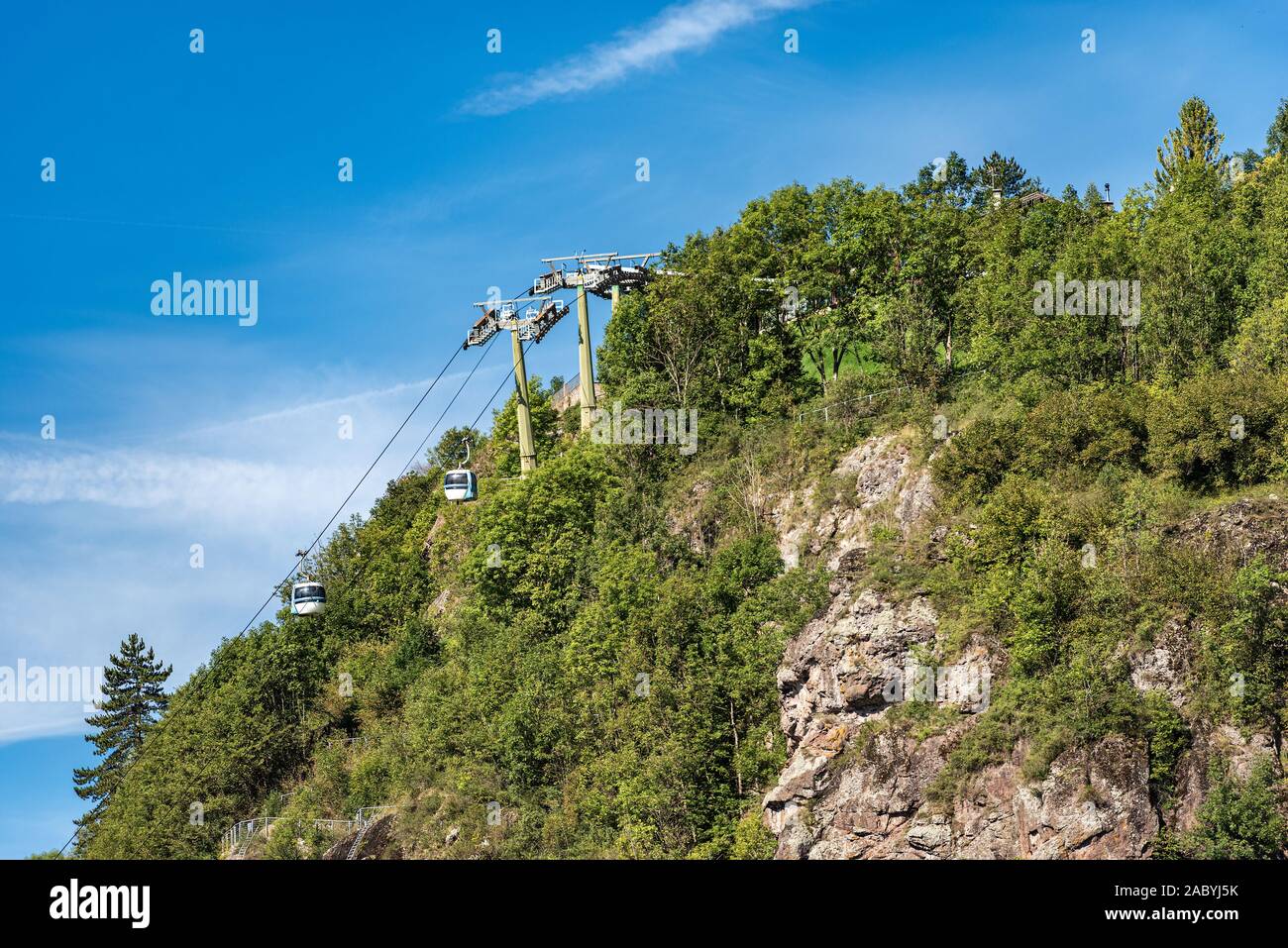 Overhead cable car in Italian Alps, Val di Fiemme, Cavalese, Cermis, Trentino Alto Adige, Italy, south Europe Stock Photo