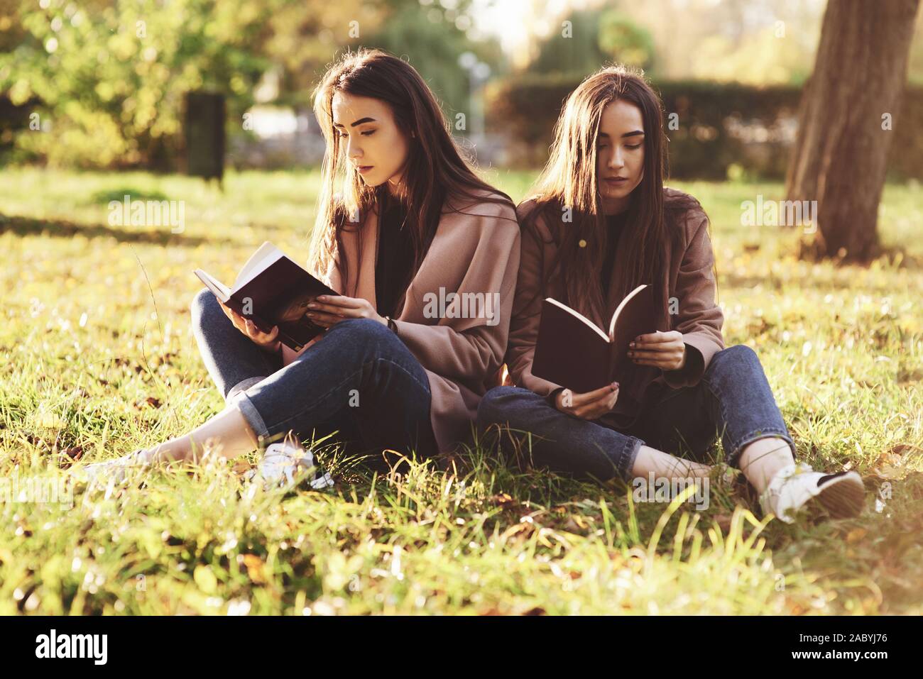 Young brunette twin sisters sitting close to each other on the grass with legs slightly bent in knees and crossed, reading brown books, wearing casual Stock Photo