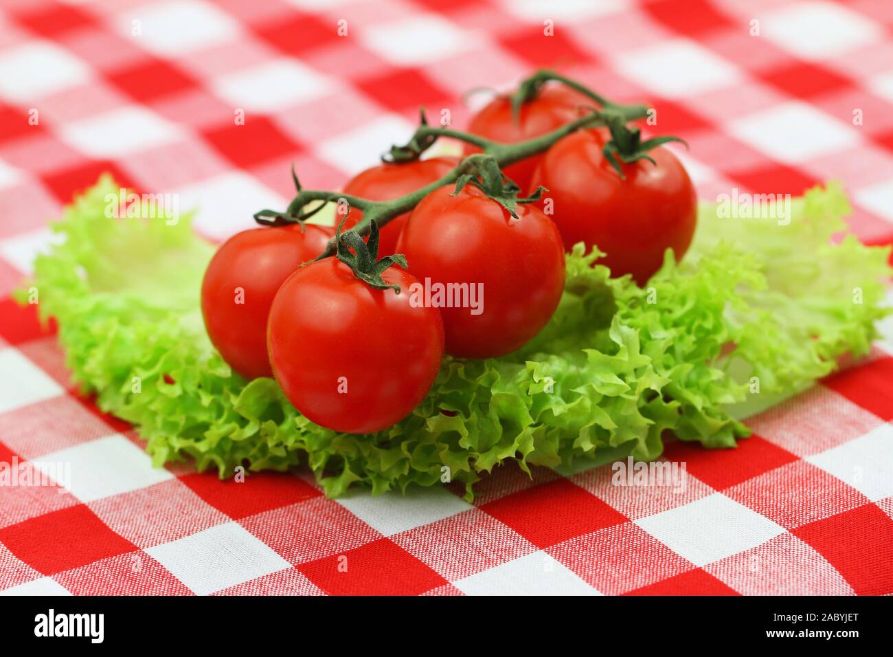 Juicy and ripe cherry tomatoes on vivid green lettuce leaves on red and white checkered cloth Stock Photo