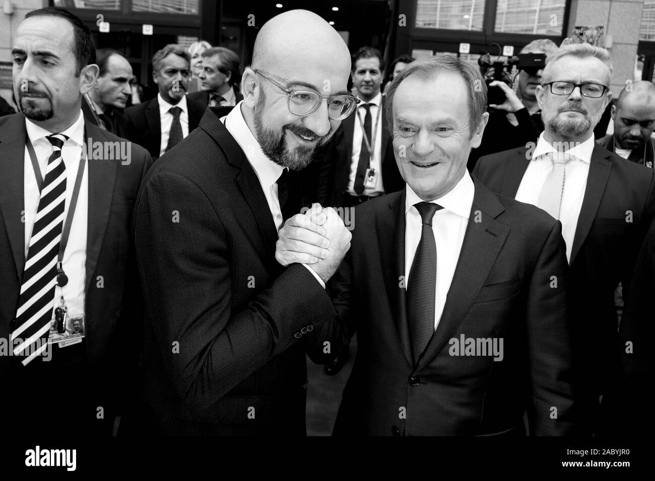 Brussels, Belgium. 29th Nov, 2019. Incoming European Council President Charles Michel and outgoing European Council President Donald Tusk attend a handover ceremony. Credit: ALEXANDROS MICHAILIDIS/Alamy Live News Stock Photo