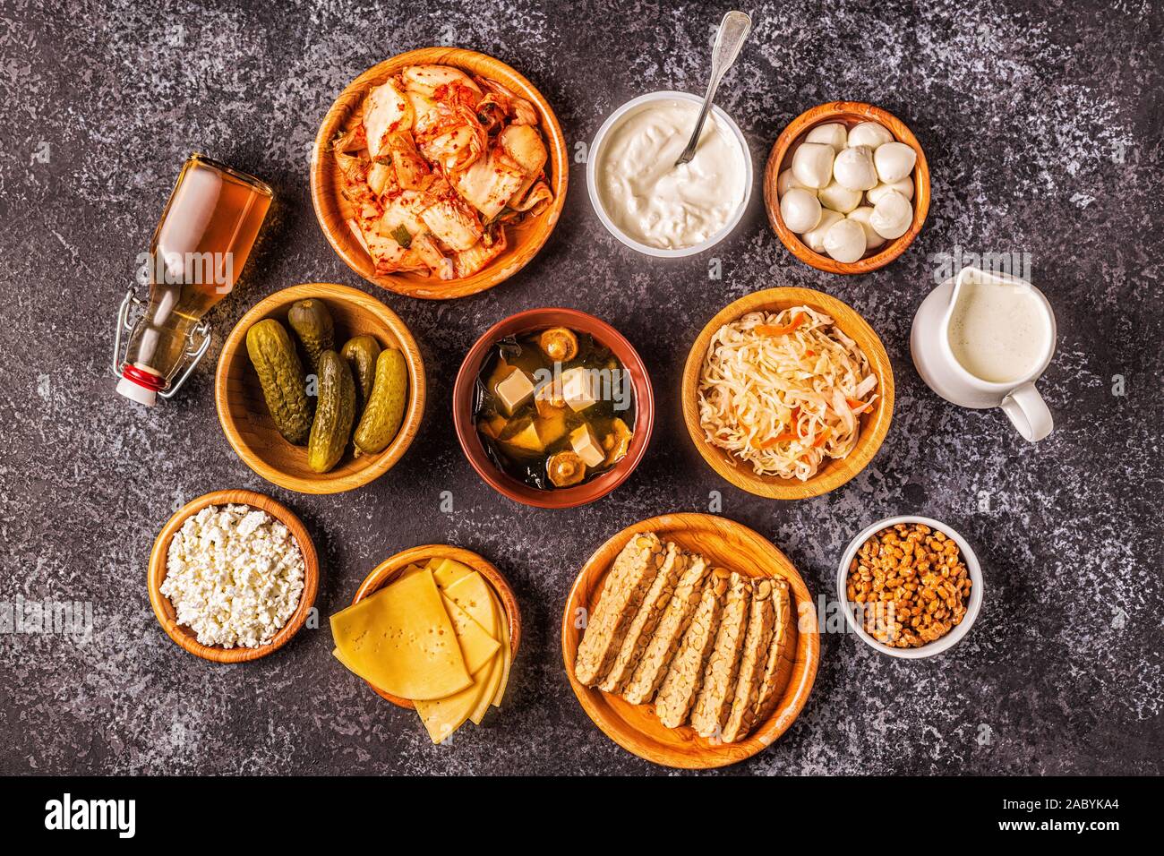 Fermented food, probiotics kefir, kombucha, sauerkraut, pickles, miso