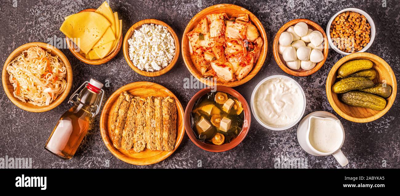 Fermented food, probiotics kefir, kombucha, sauerkraut, pickles, miso