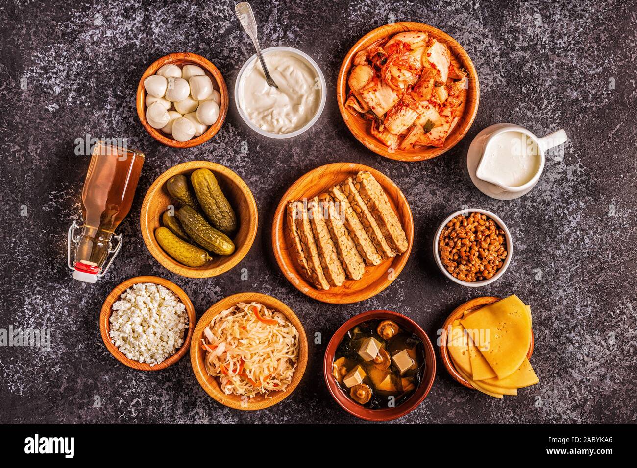 Fermented food, probiotics kefir, kombucha, sauerkraut, pickles, miso