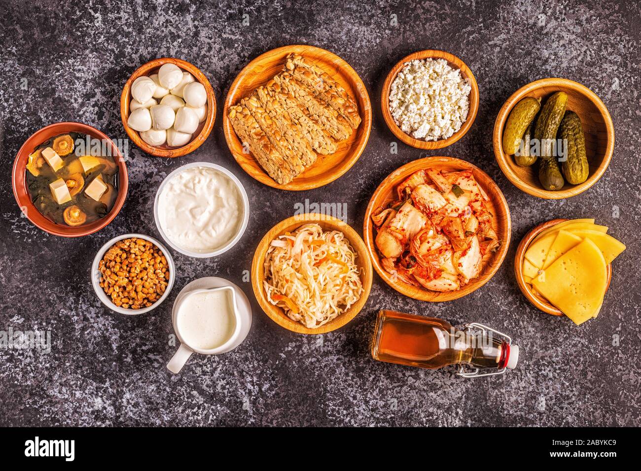 Fermented food, probiotics kefir, kombucha, sauerkraut, pickles, miso