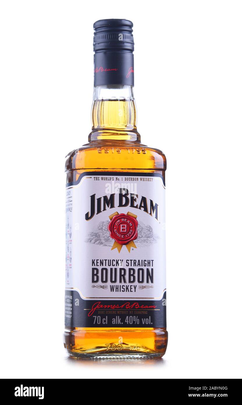 POZNAN, POL - JAN 24, 2019: Bottle of Jim Beam, one of best selling brands of bourbon in the world, produced by Beam Inc. in Clermont, Kentucky Stock Photo