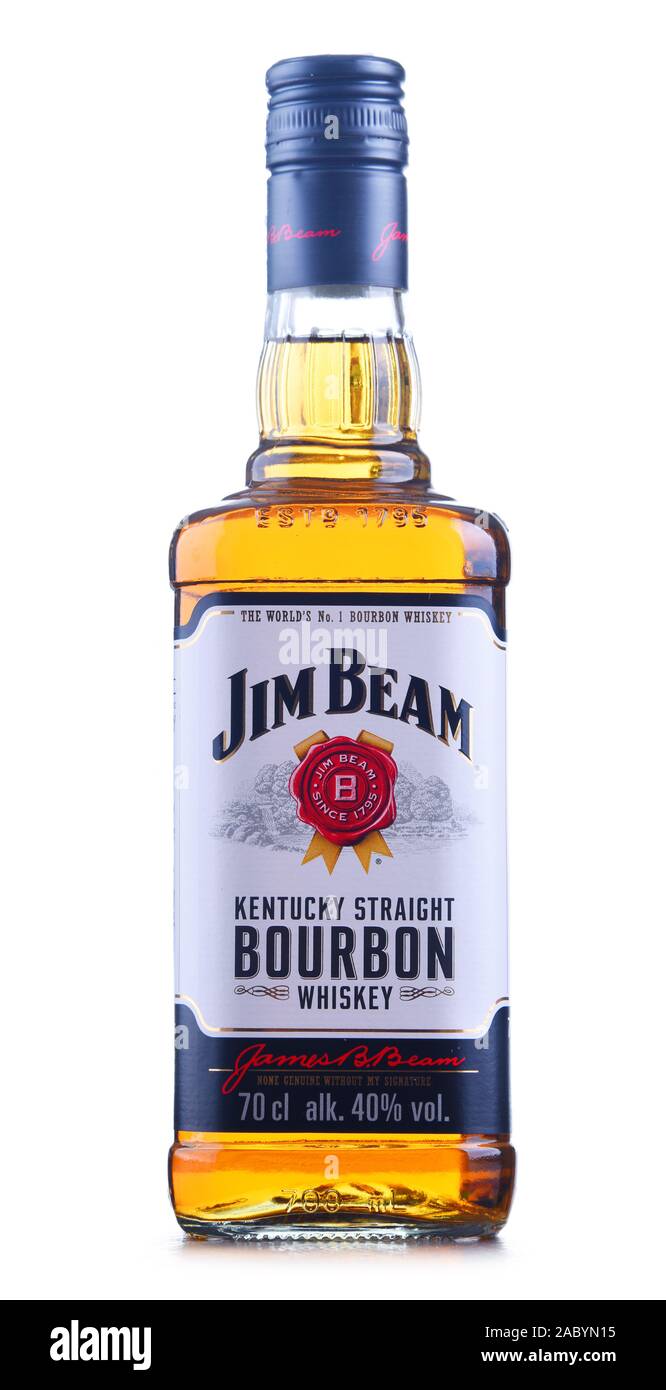 POZNAN, POL - JAN 24, 2019: Bottle of Jim Beam, one of best selling brands of bourbon in the world, produced by Beam Inc. in Clermont, Kentucky Stock Photo