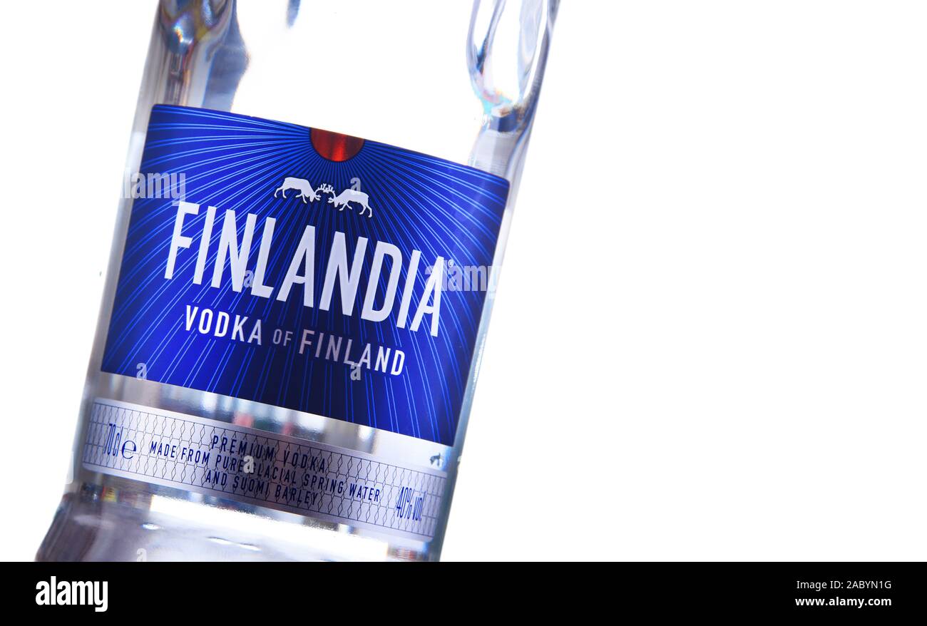 POZNAN, POL - JAN 24, 2019: Bottle of Finlandia, a brand of Finnish vodka owned by the Brown-Forman Corporation and distributed in 135 countries. Stock Photo