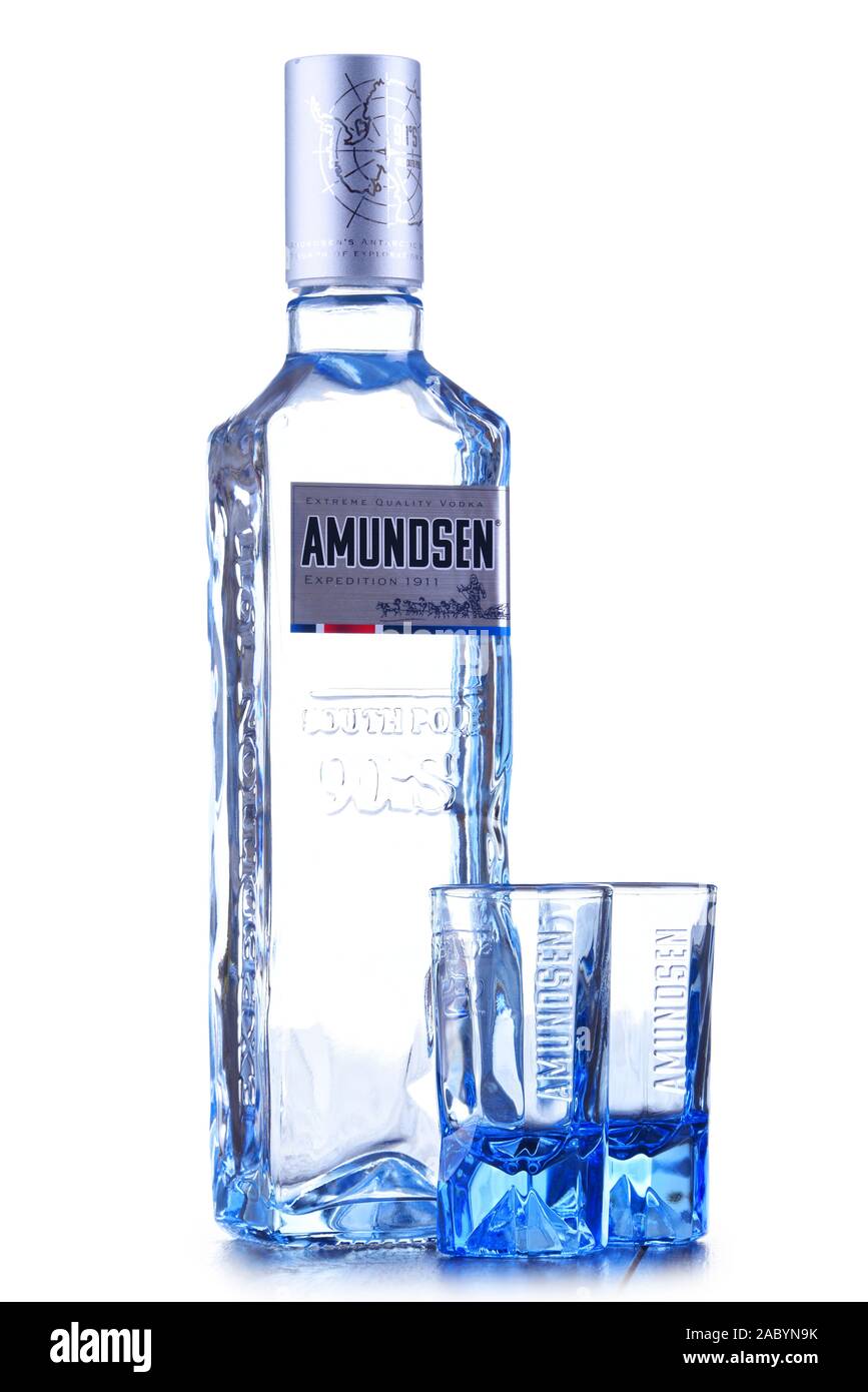 POZNAN, POL - JAN 24, 2019: Bottle of Amundsen Vodka, a brand of vodka produced by Arcus ASA, Norway's largest wholesaler of wine and liquor. Stock Photo