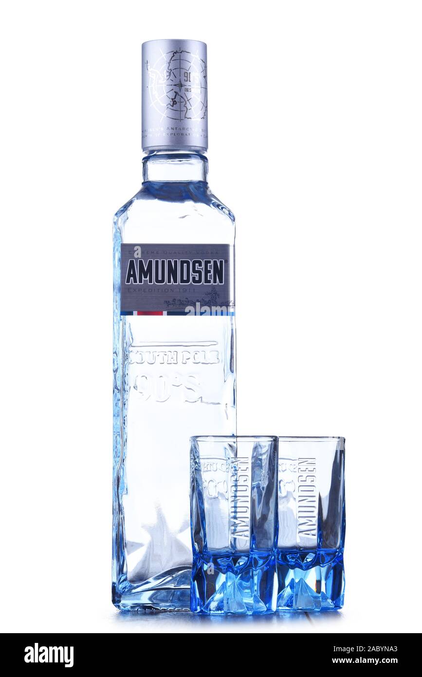 POZNAN, POL - JAN 24, 2019: Bottle of Amundsen Vodka, a brand of vodka produced by Arcus ASA, Norway's largest wholesaler of wine and liquor. Stock Photo