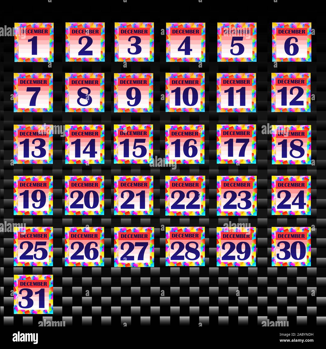 Set of buttons with calendar dates for the month of December. For ...