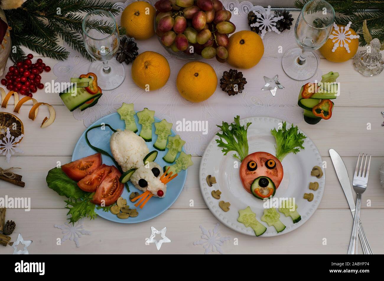 Edible Rat And Edible Deer Made Of Vegetables For The Festive New
