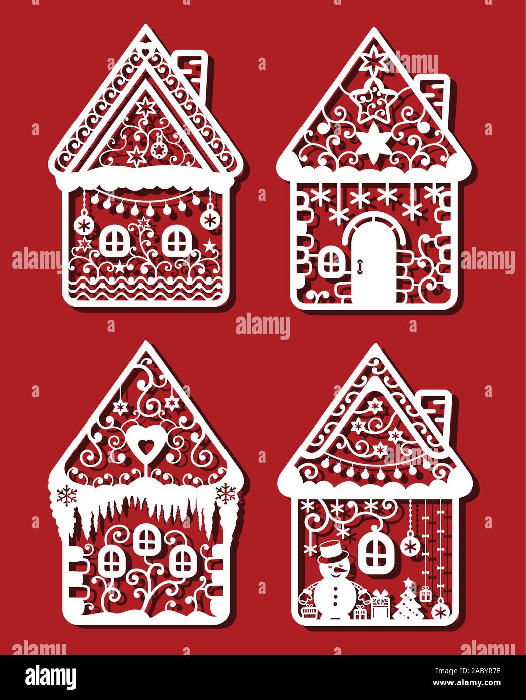 Christmas Ginger bead houses for laser cutting Monochrime ornamental simple drawing. Stock Vector