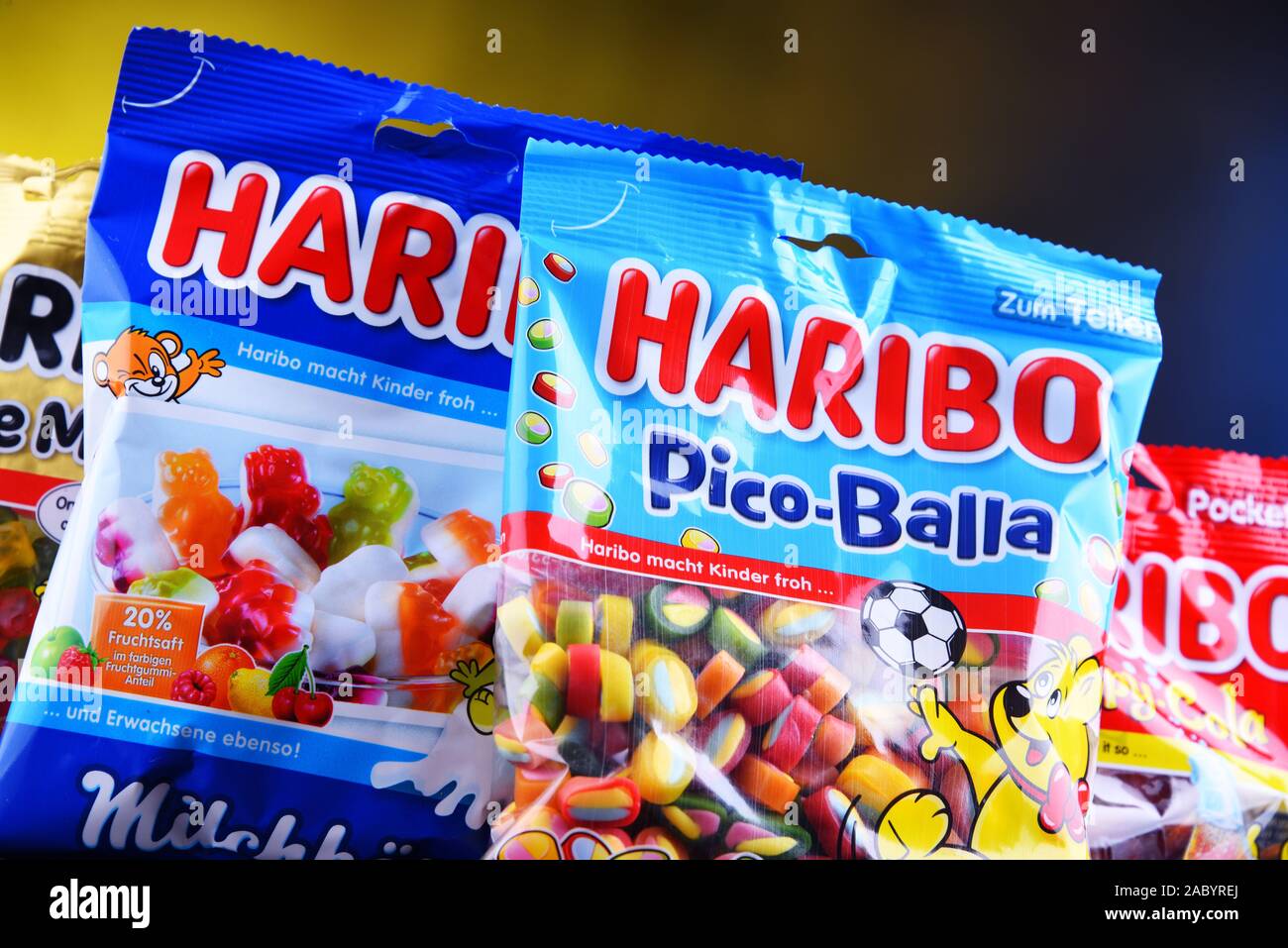 POZNAN, POL MAR 22, 2019 Packages of gummy candies produced by Haribo, a German confectionery