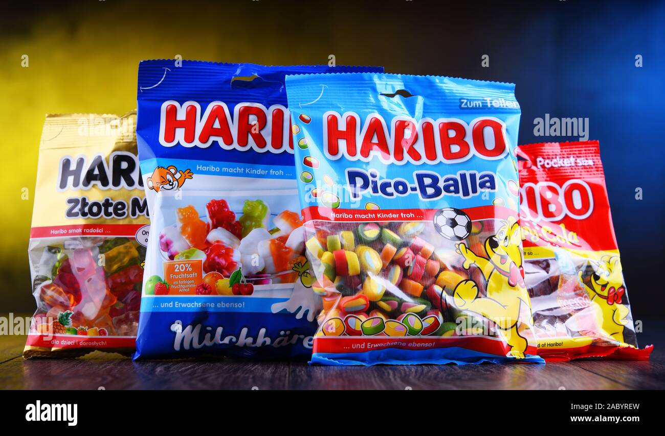 POZNAN, POL - MAR 22, 2019: Packages of gummy candies produced by Haribo, a German confectionery company, founded in 1920 by Johannes 'Hans' Riegel, S Stock Photo