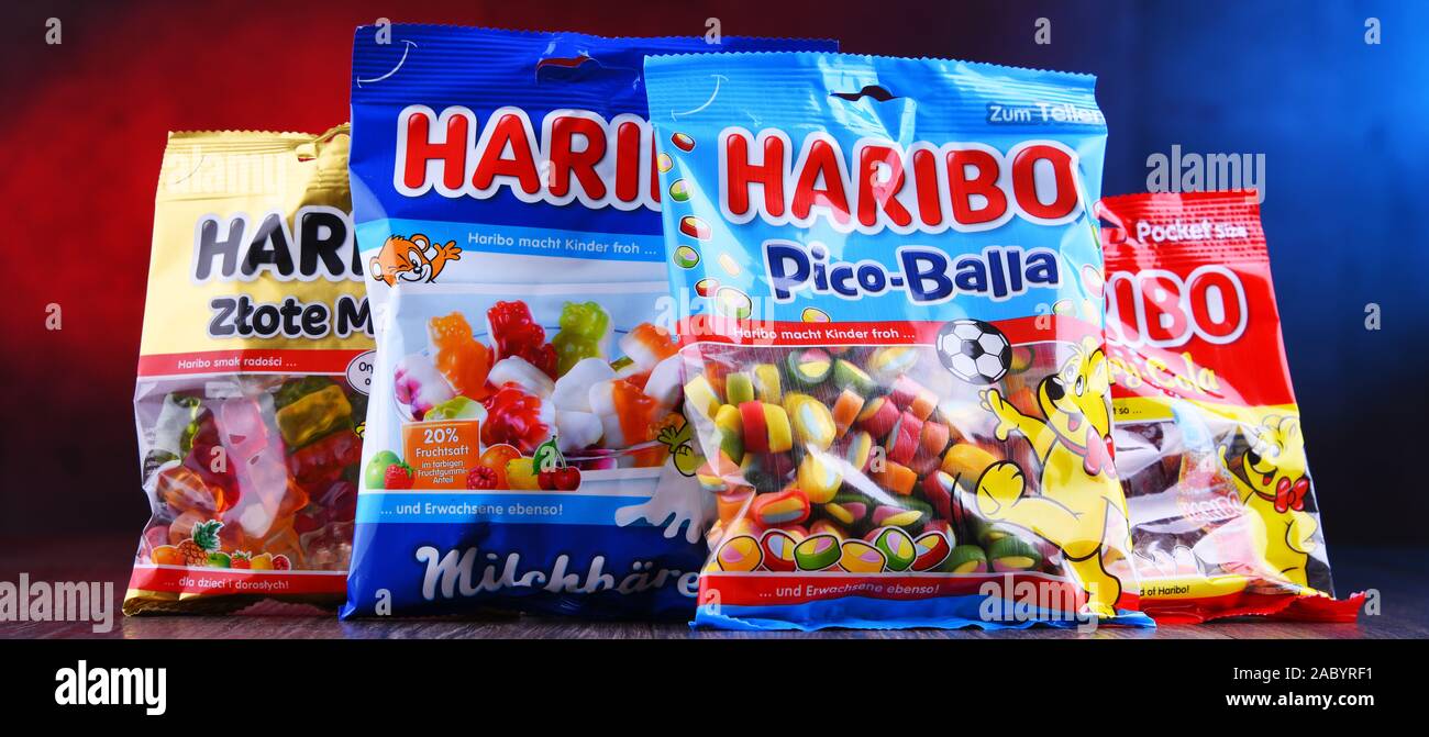POZNAN, POL - MAR 22, 2019: Packages of gummy candies produced by Haribo, a German confectionery company, founded in 1920 by Johannes 'Hans' Riegel, S Stock Photo