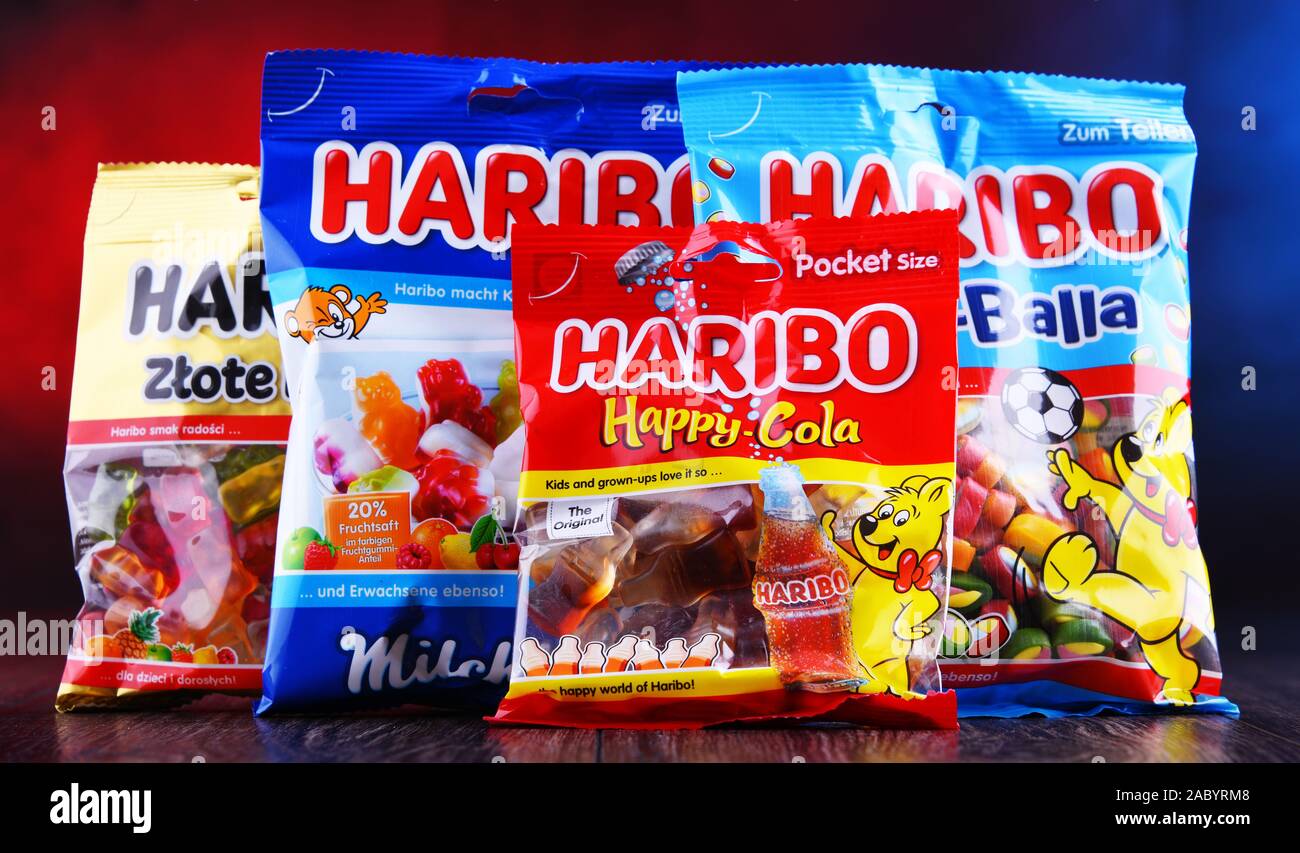POZNAN, POL MAR 22, 2019 Packages of gummy candies produced by Haribo, a German confectionery