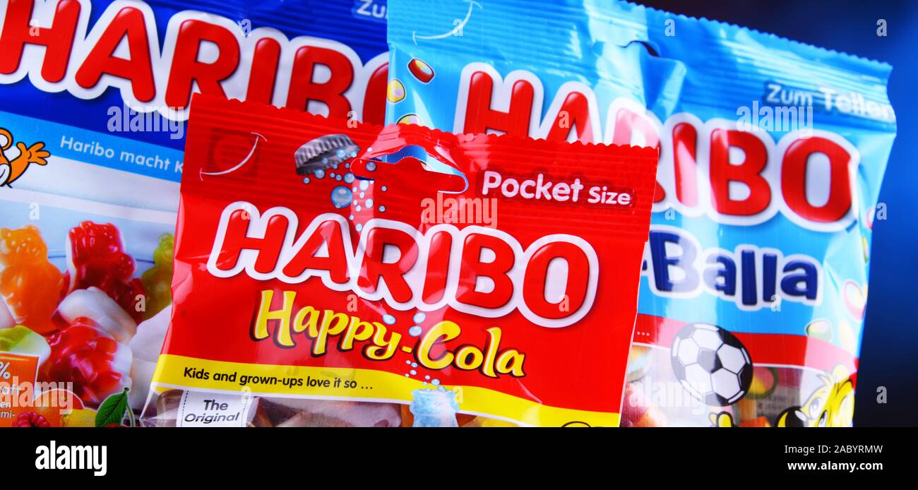 POZNAN, POL - MAR 22, 2019: Packages of gummy candies produced by Haribo, a German confectionery company, founded in 1920 by Johannes 'Hans' Riegel, S Stock Photo