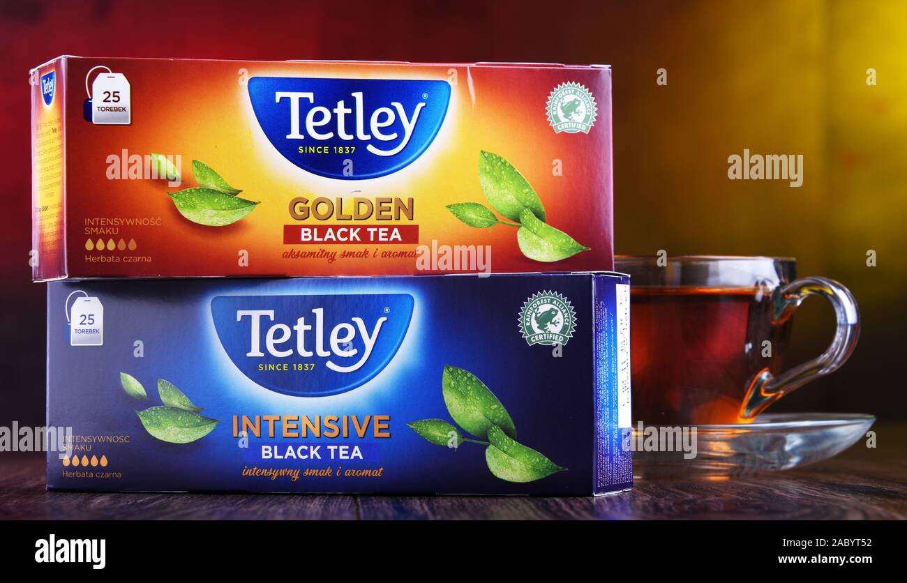 POZNAN, POL MAR 28, 2019 Packages of Tetley, the largest tea company
