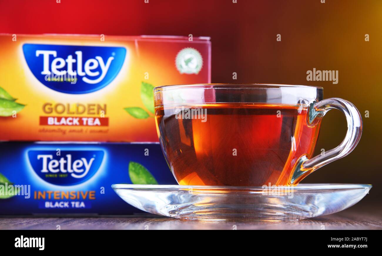 POZNAN, POL MAR 28, 2019 Packages of Tetley, the largest tea company
