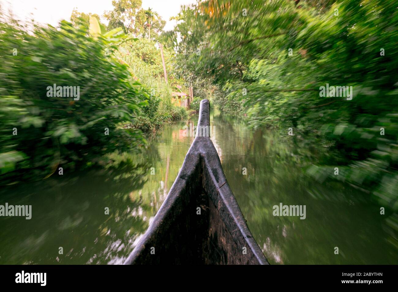 riding wood fishing boat in kerala backwaters village water channel under palm trees, a pristine natural environment during monsoon season Stock Photo