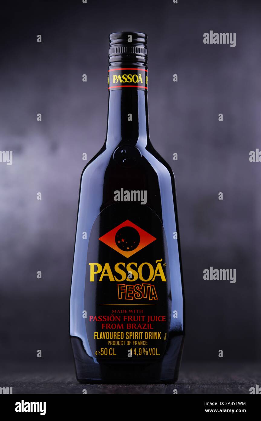 POZNAN, POL - MAR 28, 2019: Bottle of Passoa, a passion-fruit liqueur ...