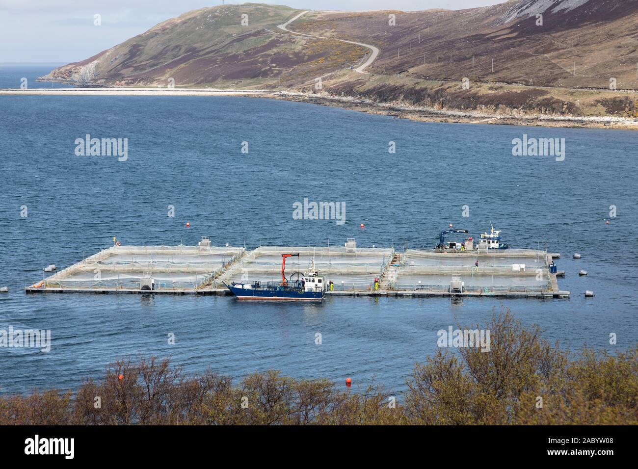 Salmon cages on a fish farm in Loch Eriboll, Scotland Stock Photo