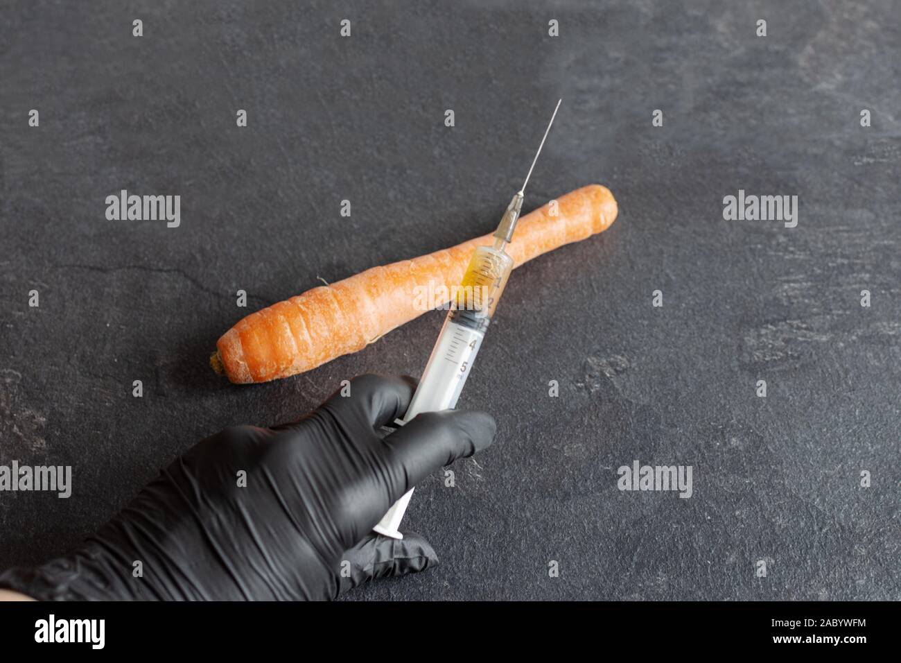 Hand of person injects chemicals into carrots, GMO fertilizers and chemicals with a syringe to increase the shelf life of vegetables. Chemical process Stock Photo