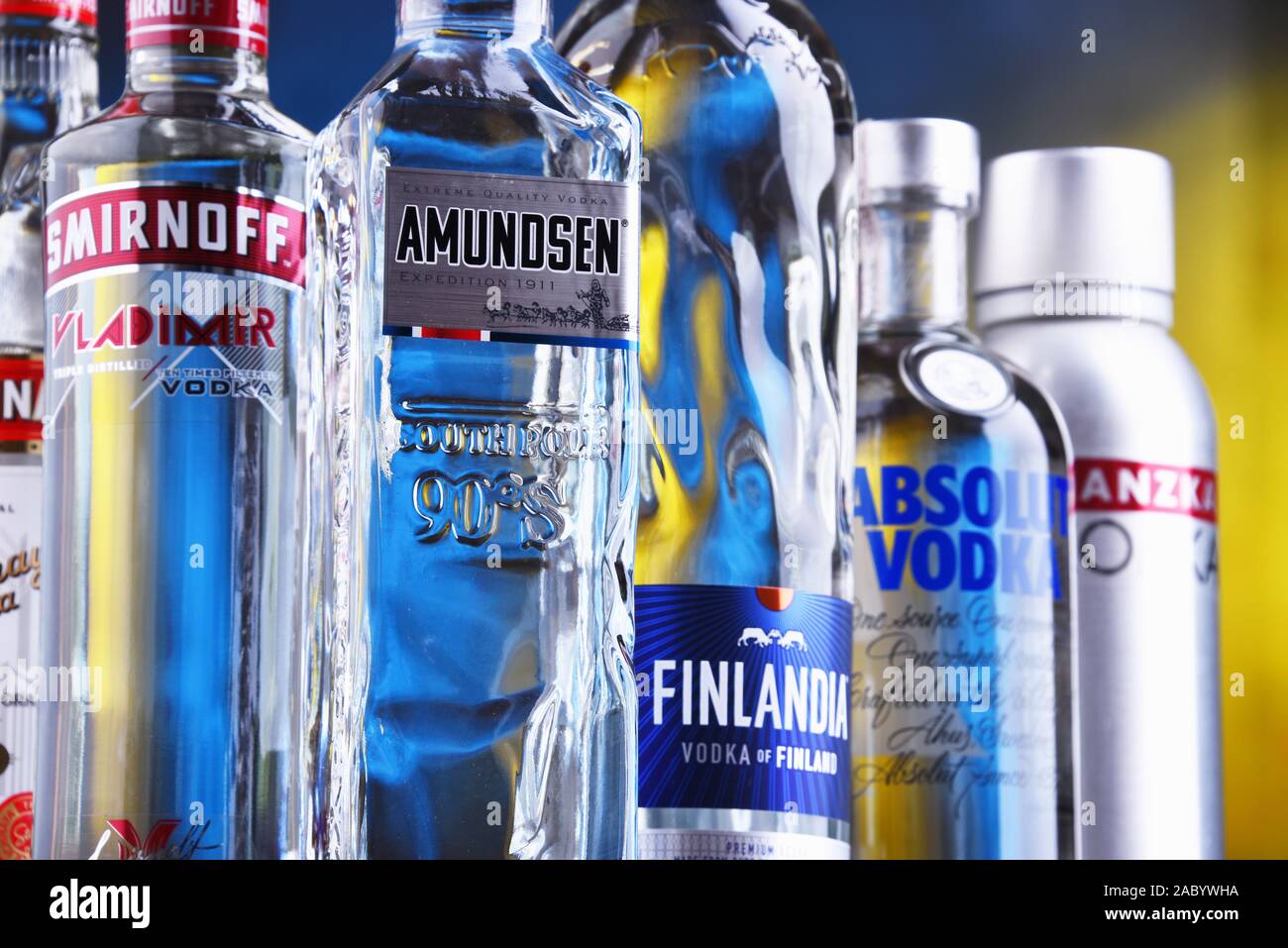 POZNAN, POL JUN 5, 2019 Bottles of several global brands of vodka