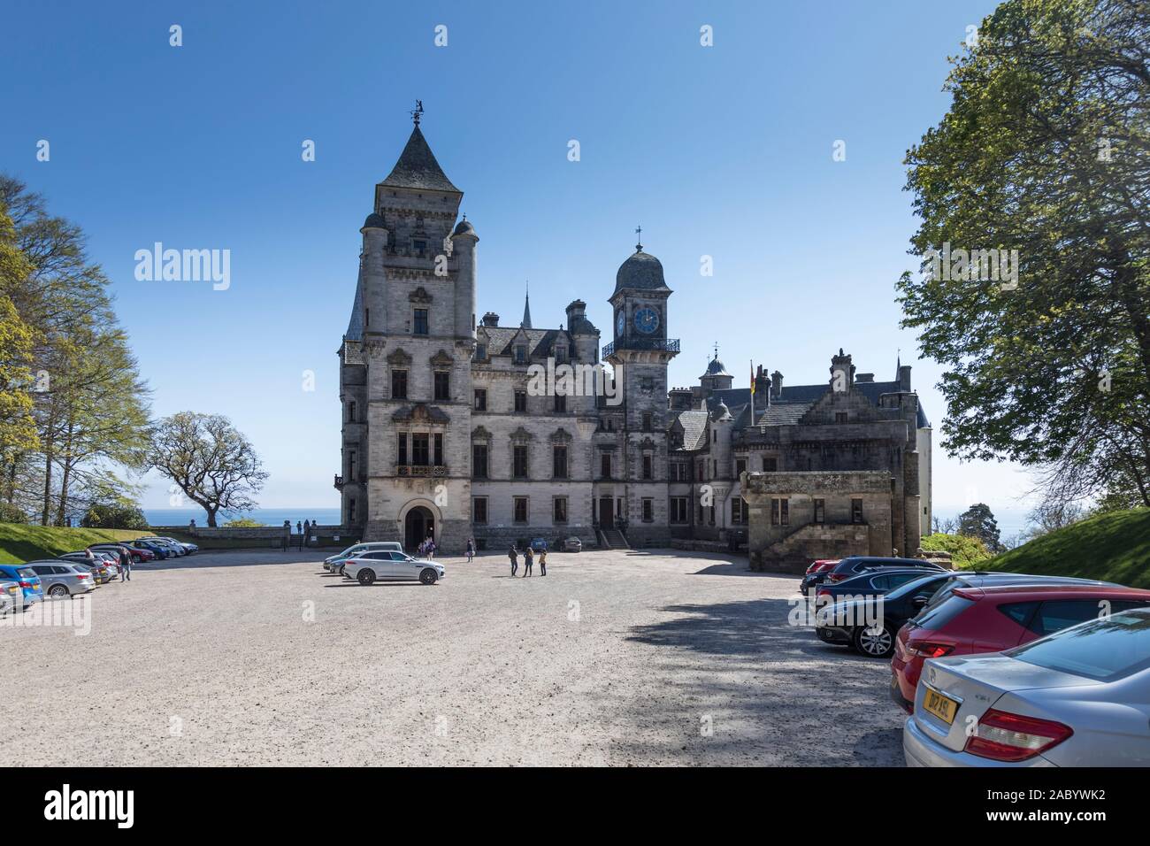 Front facade and entrance to Dunrobin Castle. The original castle was remodelled in 1845 by Sir Charles Barry changing it from a fort to a house in th Stock Photo