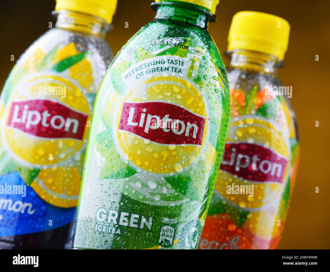 POZNAN, POL JUN 5, 2019 Plastic bottles of Lipton Ice Tea, a soft