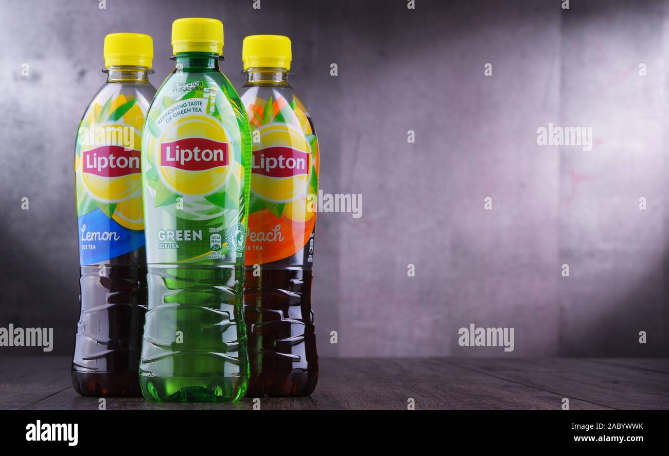 POZNAN, POL JUN 5, 2019 Plastic bottles of Lipton Ice Tea, a soft