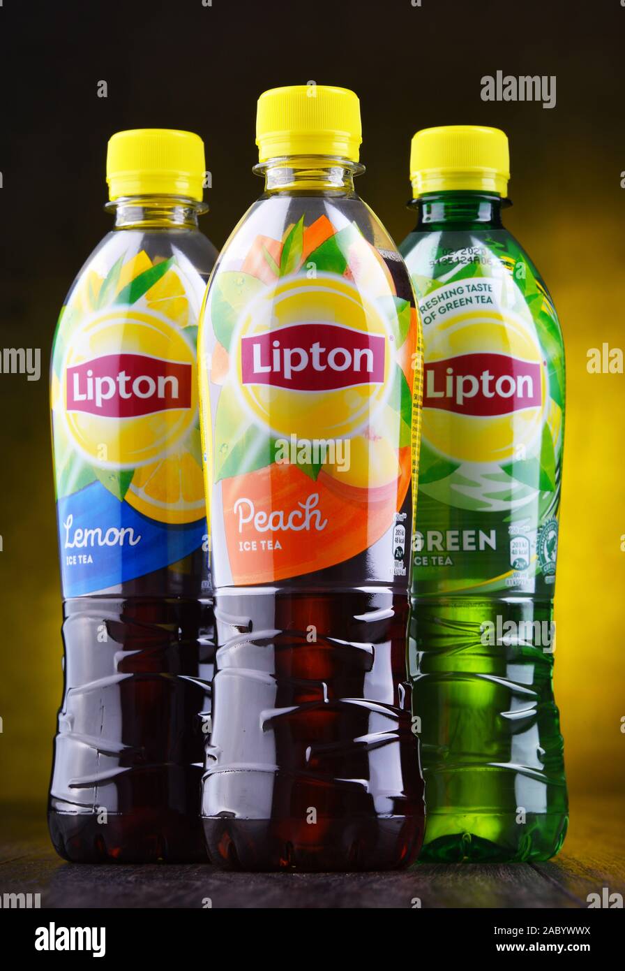POZNAN, POL JUN 5, 2019 Plastic bottles of Lipton Ice Tea, a soft
