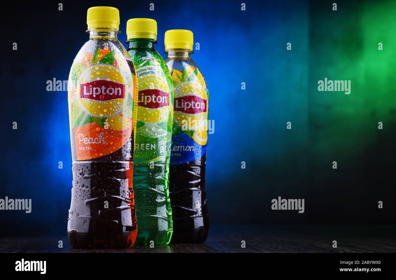 POZNAN, POL JUN 5, 2019 Plastic bottles of Lipton Ice Tea, a soft