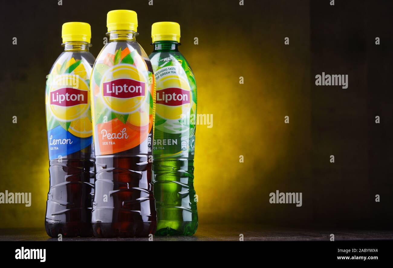 POZNAN, POL JUN 5, 2019 Plastic bottles of Lipton Ice Tea, a soft