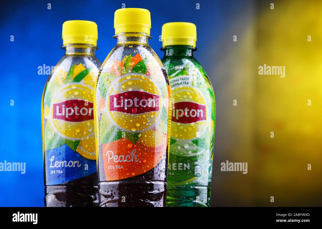 POZNAN, POL JUN 5, 2019 Plastic bottles of Lipton Ice Tea, a soft