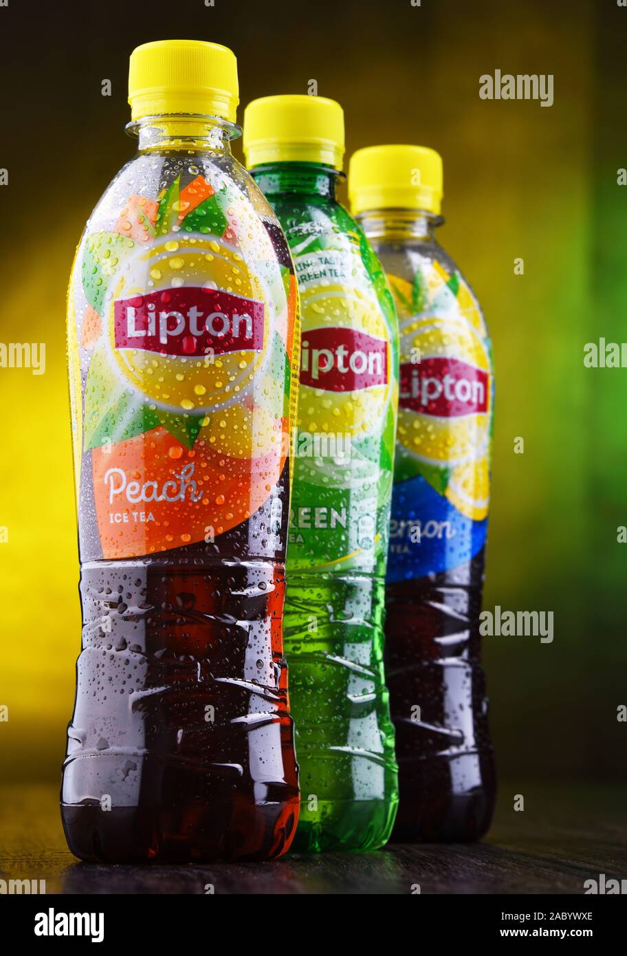 POZNAN, POL JUN 5, 2019 Plastic bottles of Lipton Ice Tea, a soft