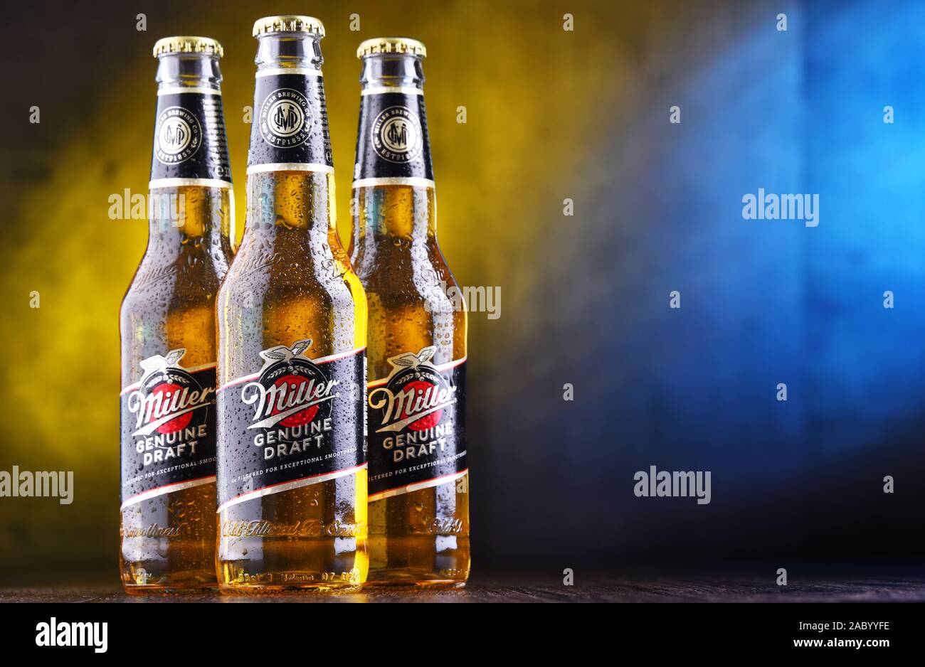 POZNAN, POL - JUN 5, 2019: Bottles of Miller Genuine Draft, the original cold  filtered packaged draft beer, a product of the Miller Brewing Company ow  Stock Photo - Alamy