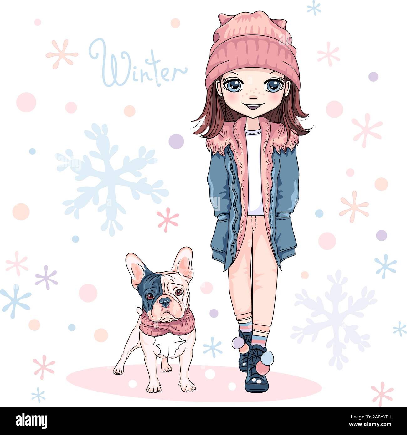 Vector Cute Baby girl in winter clothes with puppy French Bulldog dog