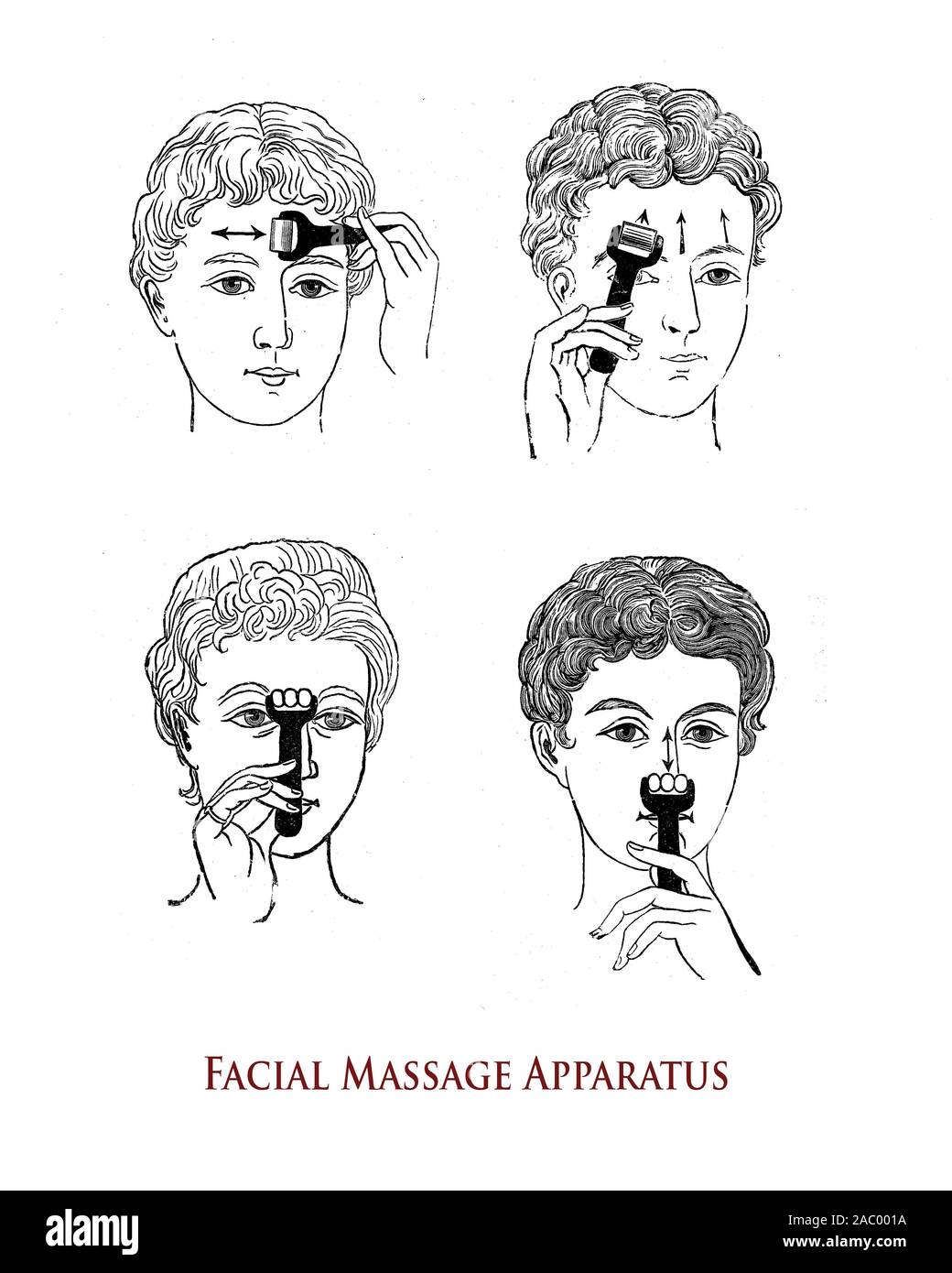 Cosmetic treatment: facial auto-massage for forehead wrinkles and nose with a special apparatus, 19th century Stock Photo