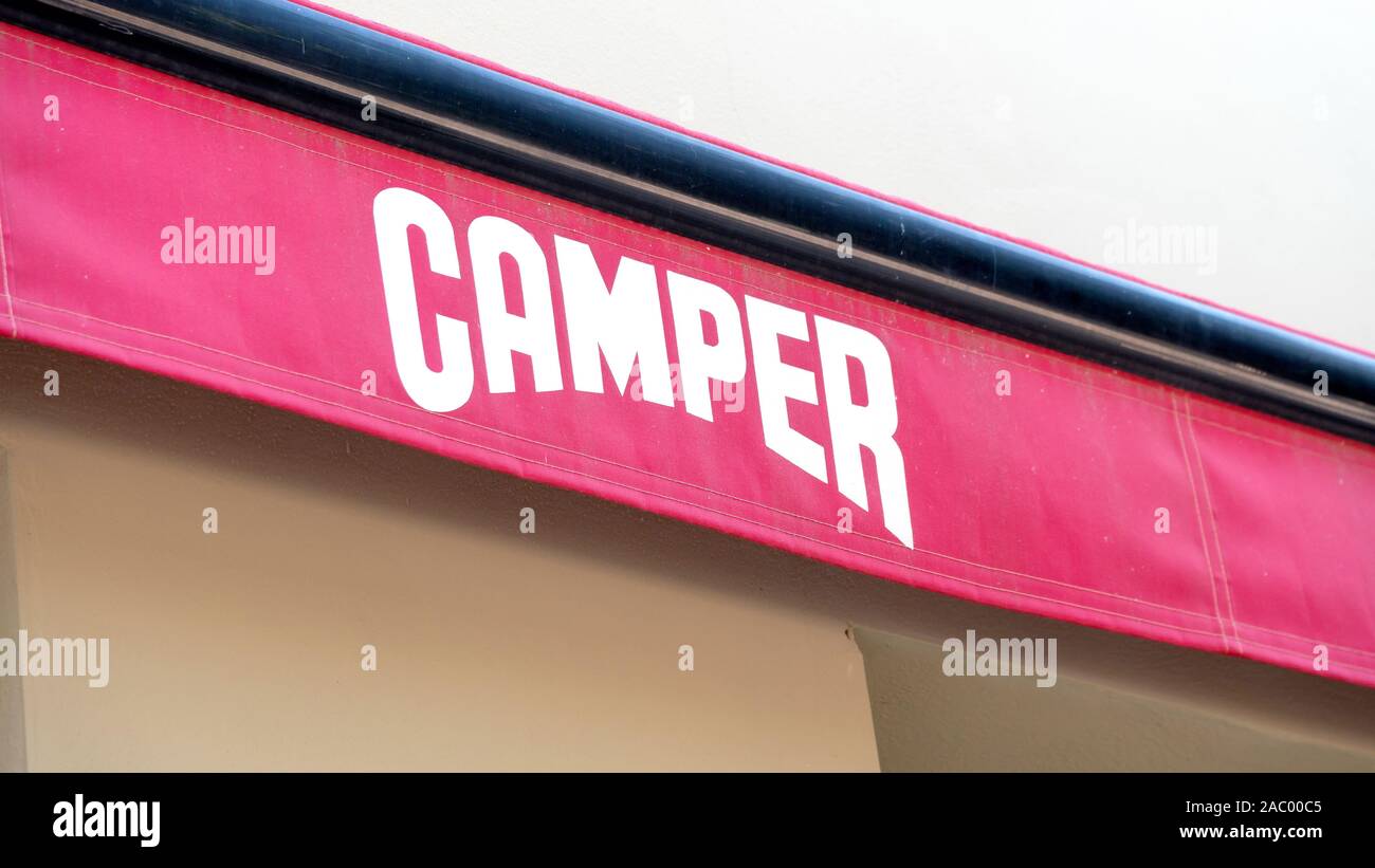 Palma de Mallorca, Spain - September 23, 2017: Camper store sign. Camper is a Spanish footwear company Stock Photo