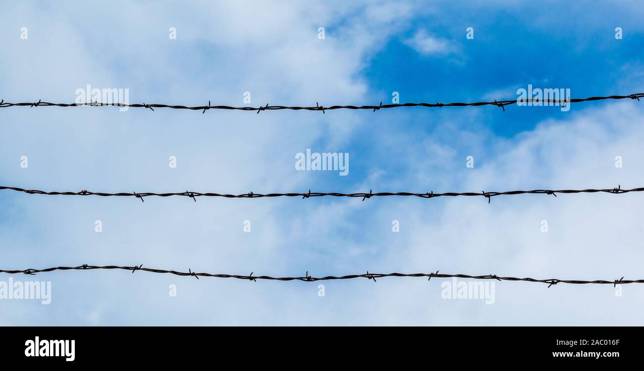 three rows of barbed wire at a prison under blue skies on a sunny day Stock Photo