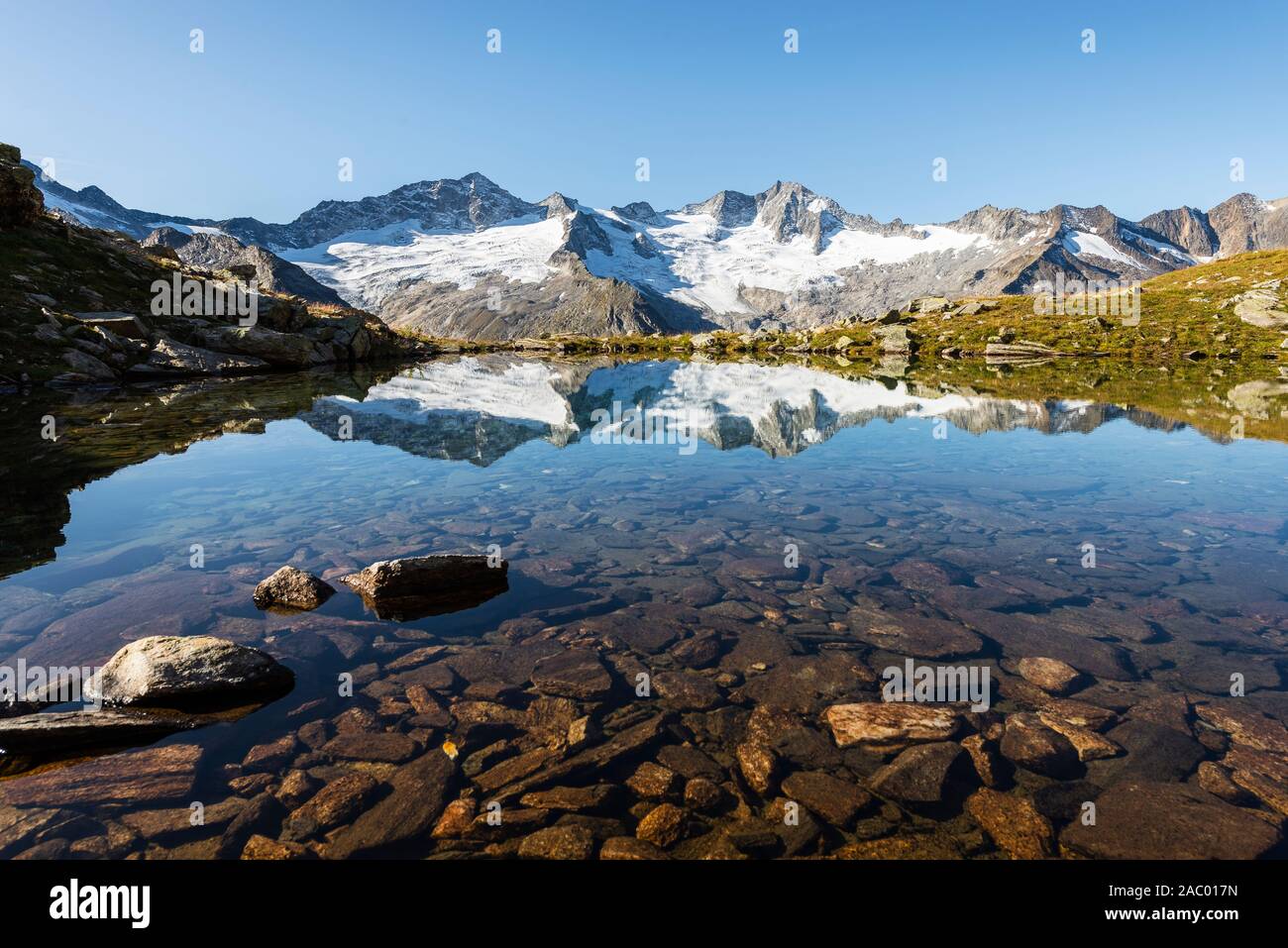 Mountains Turnerkamp, Großer Möseler, Steinmandl, Waxeggkees glacier  and Hornkees glacier are reflected in a mountain lake, Zillertal, Tyrol, Austria Stock Photo