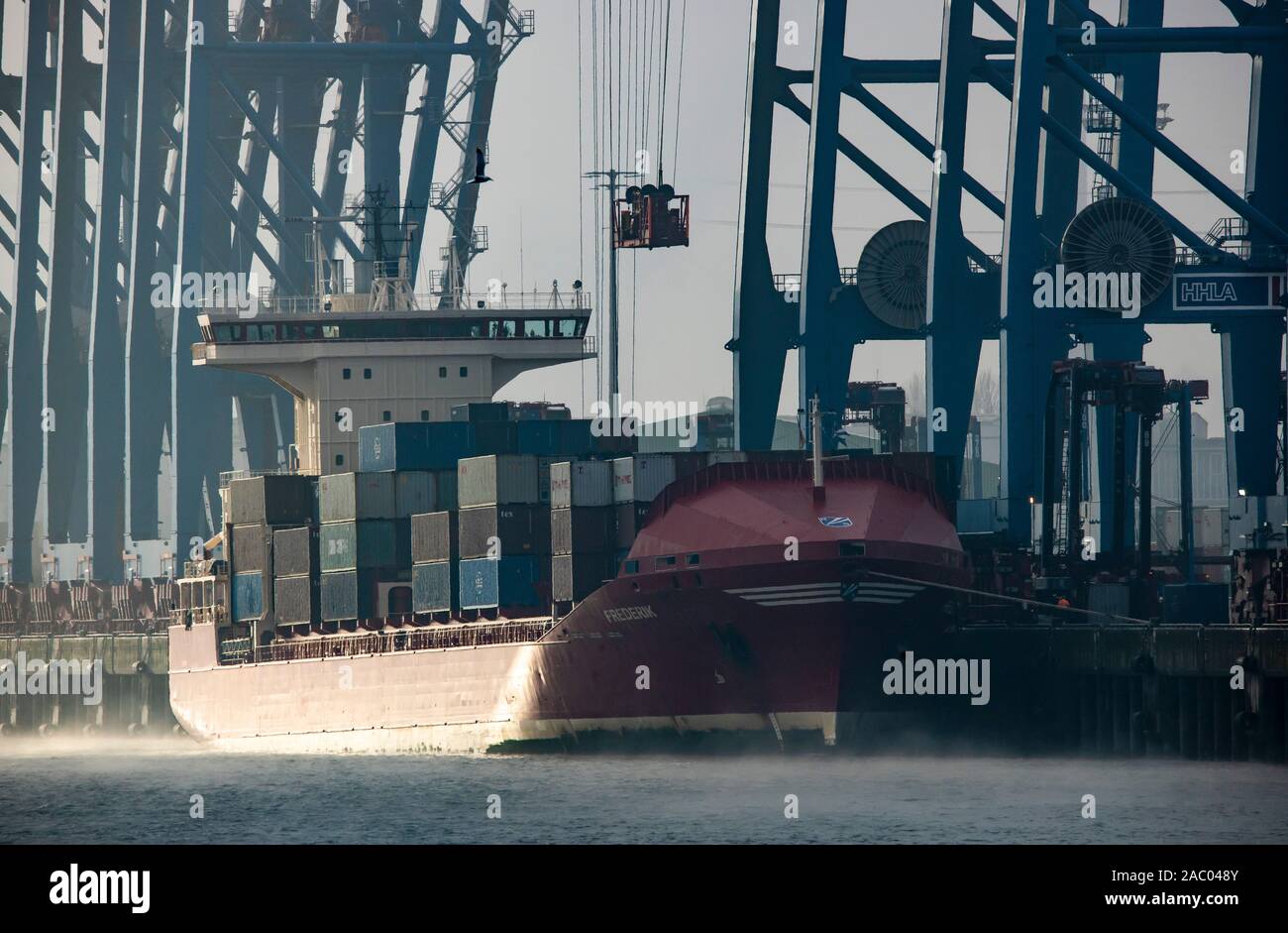 Container Terminal Tollerort im Hamburger Hafen, Nebel, Containerschiff wird be- und entladen, Stock Photo