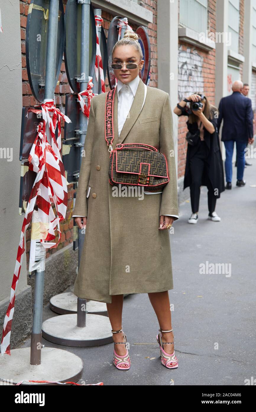 MILAN, ITALY - SEPTEMBER 19, 2019: Nina Suess before Fendi fashion show, Milan Fashion Week street style Stock Photo