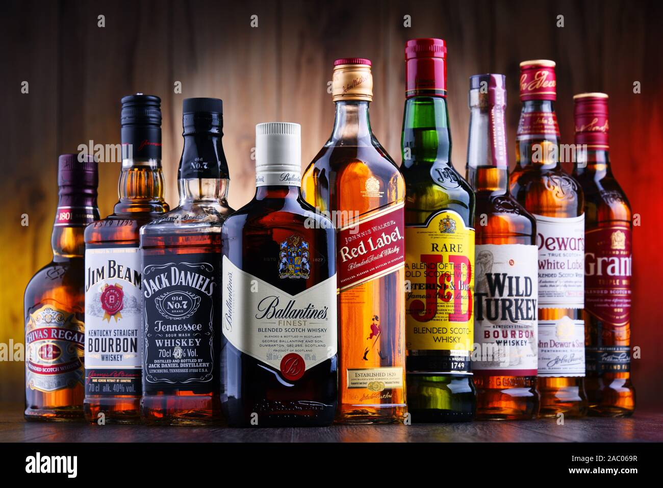 POZNAN POLAND JUL 5 2019 Bottles Of Several Global Whiskey Brands 