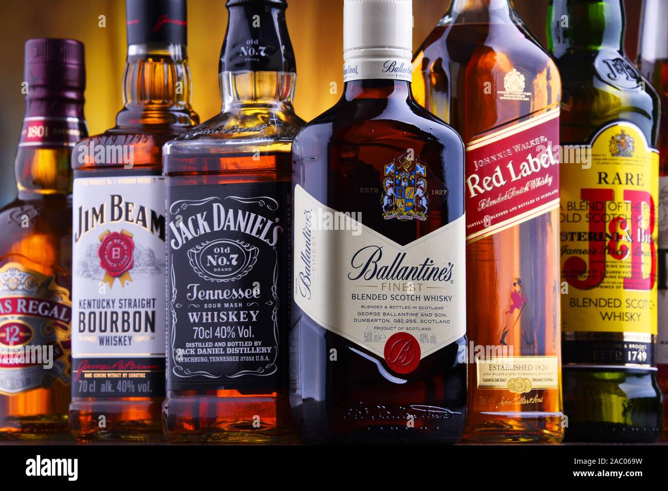 POZNAN POLAND JUL 5 2019 Bottles Of Several Global Whiskey Brands 