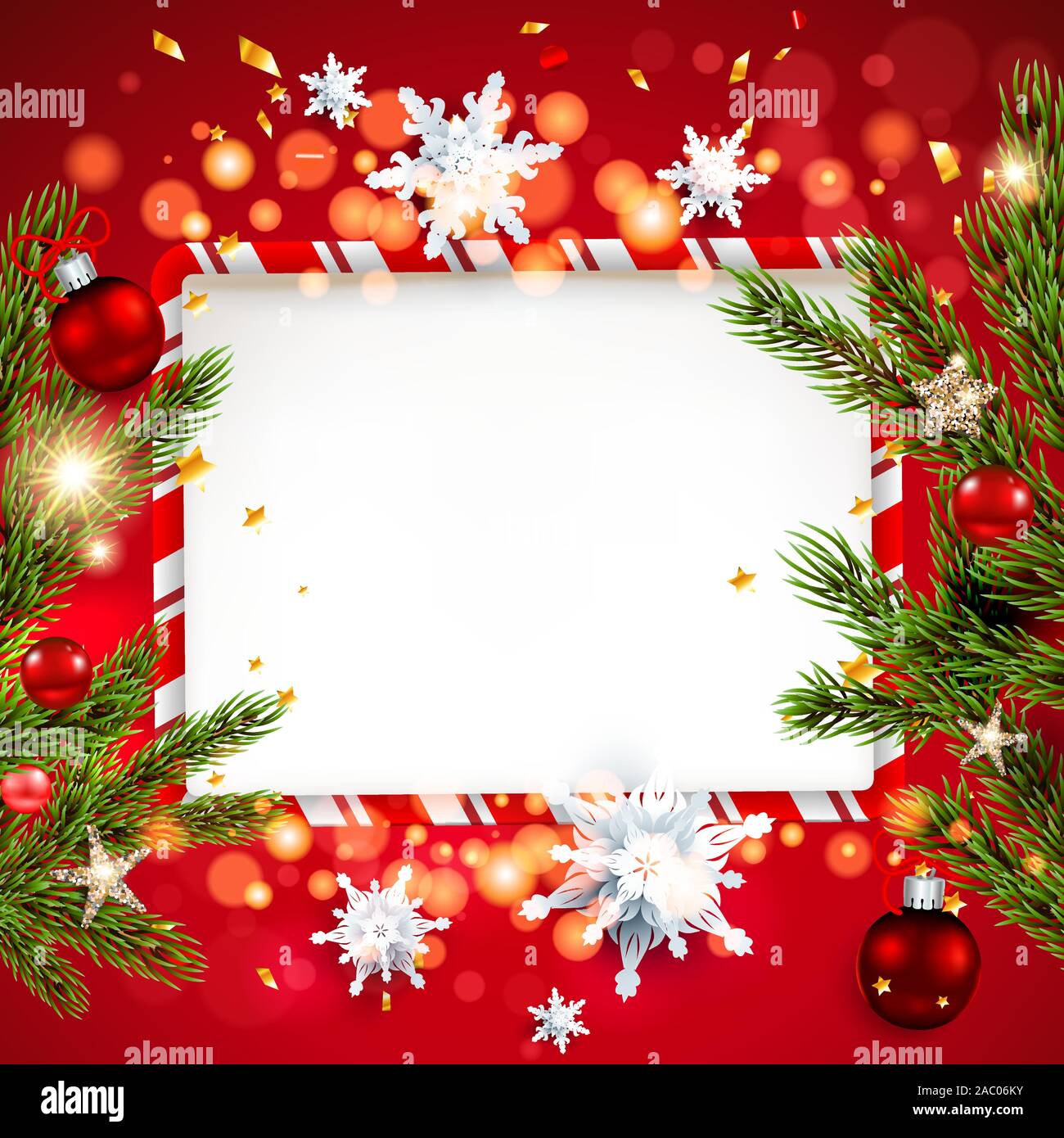 Red template with Christmas tree branches Stock Vector