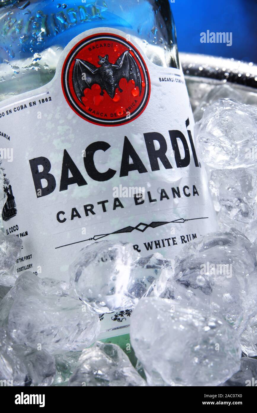 POZNAN, POL - SEP 4, 2019: Bottle of Bacardi white rum, a product of Bacardi Limited, the largest privately held, family-owned spirits company in the Stock Photo