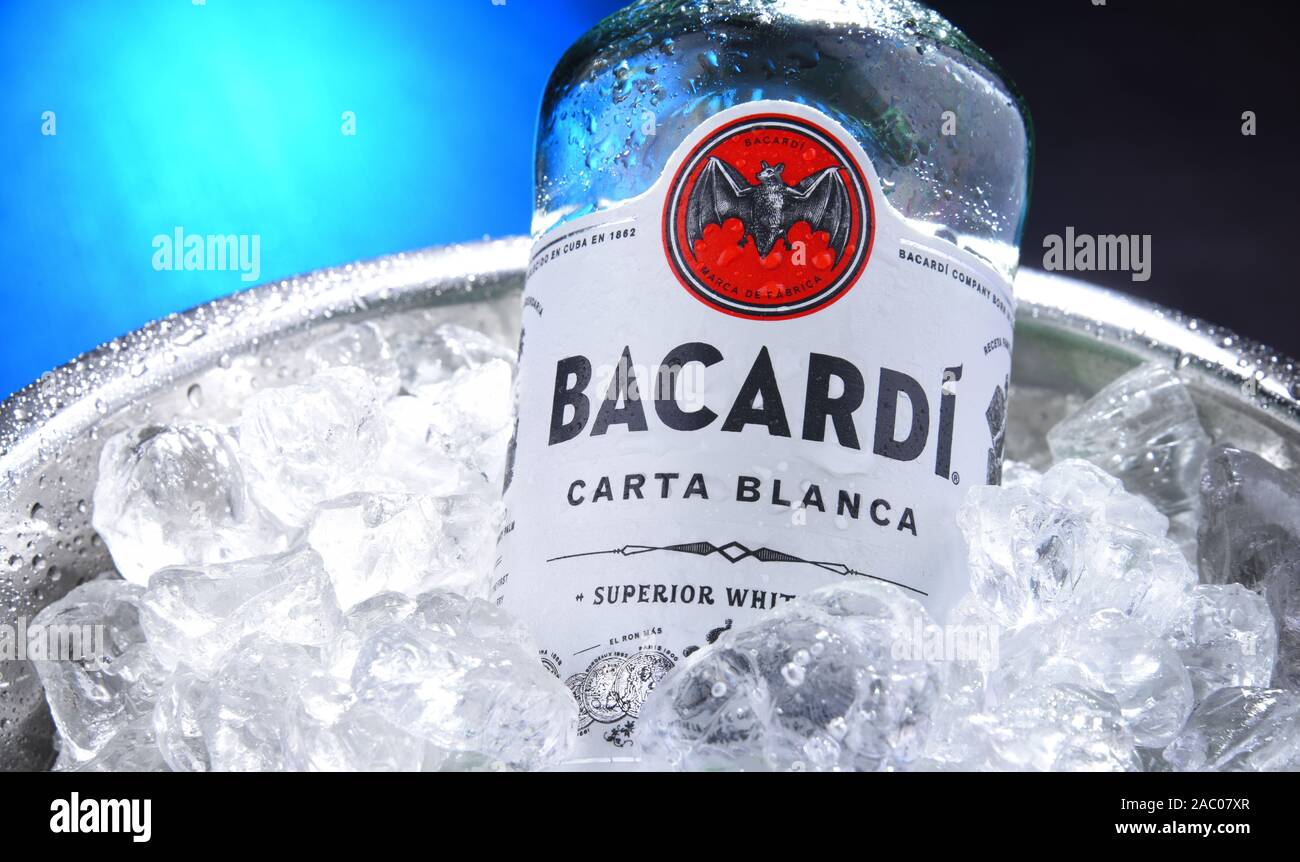 POZNAN, POL - SEP 4, 2019: Bottle of Bacardi white rum, a product of Bacardi Limited, the largest privately held, family-owned spirits company in the Stock Photo