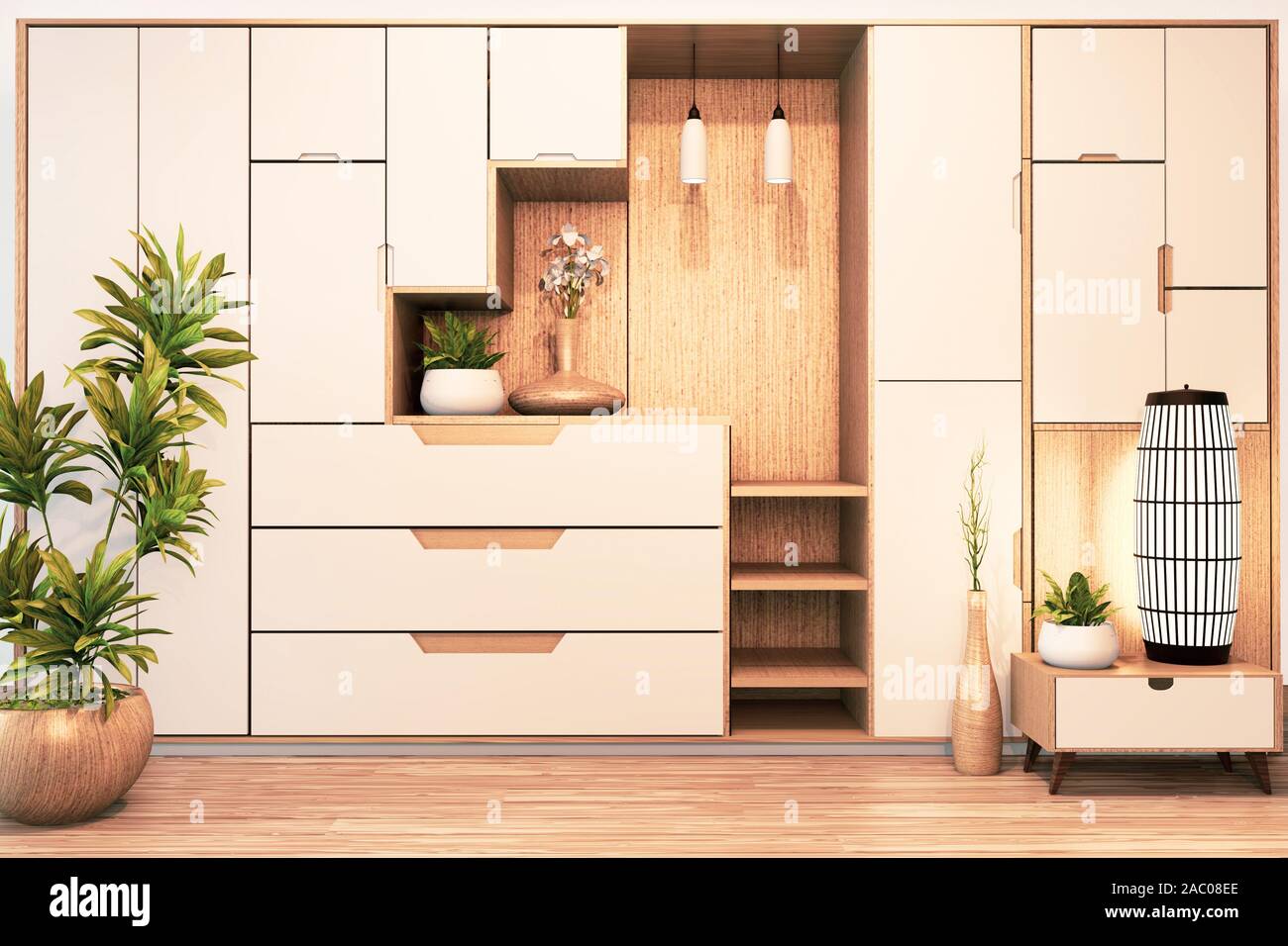 Design Cabinet Shelf Wooden Japanese Style On Empty Room Minimal